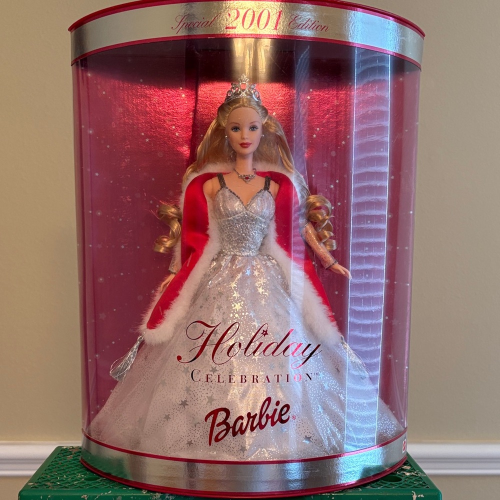 Barbie NRFB Holiday Celebration Doll in Silver Gown with Red Cape